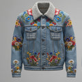 Field Bloom Butterfly Denim Trucker Jacket (Sherpa Collar) — Washed Charcoal Floral